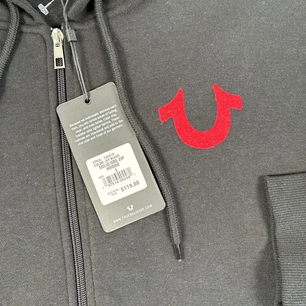 New Mens True Religion Solid World Tour Logo Zip Hoodie Size Large NWT Black